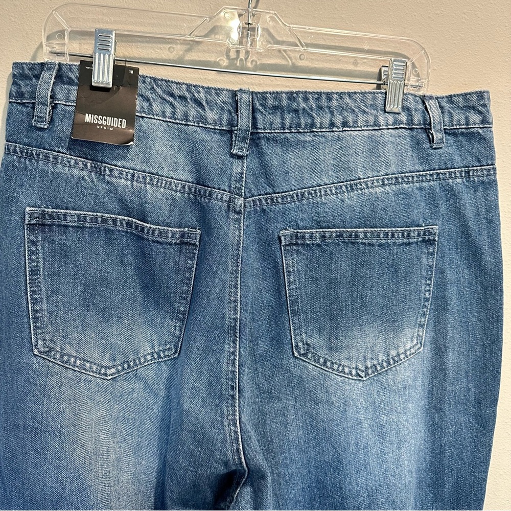 Missguided Riot High Rise Mom Jean Double Knee Rip Blue Wash Relaxed Tappered - Picture 4 of 12